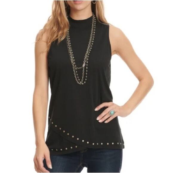 Panhandle Tulip Hem Mock Neck Tank with Silver Stud Details Black Size Large - Picture 8 of 8